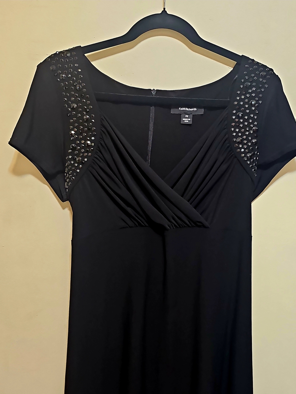 R&M Richards Black Embellished Short Sleeve Formal Beaded Dress